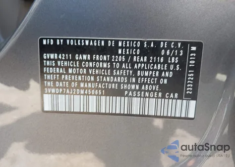 2013 Volkswagen Jetta 2.5L Se z USA, uszkodzony, nr VIN 3VWDP7AJ2DM450651